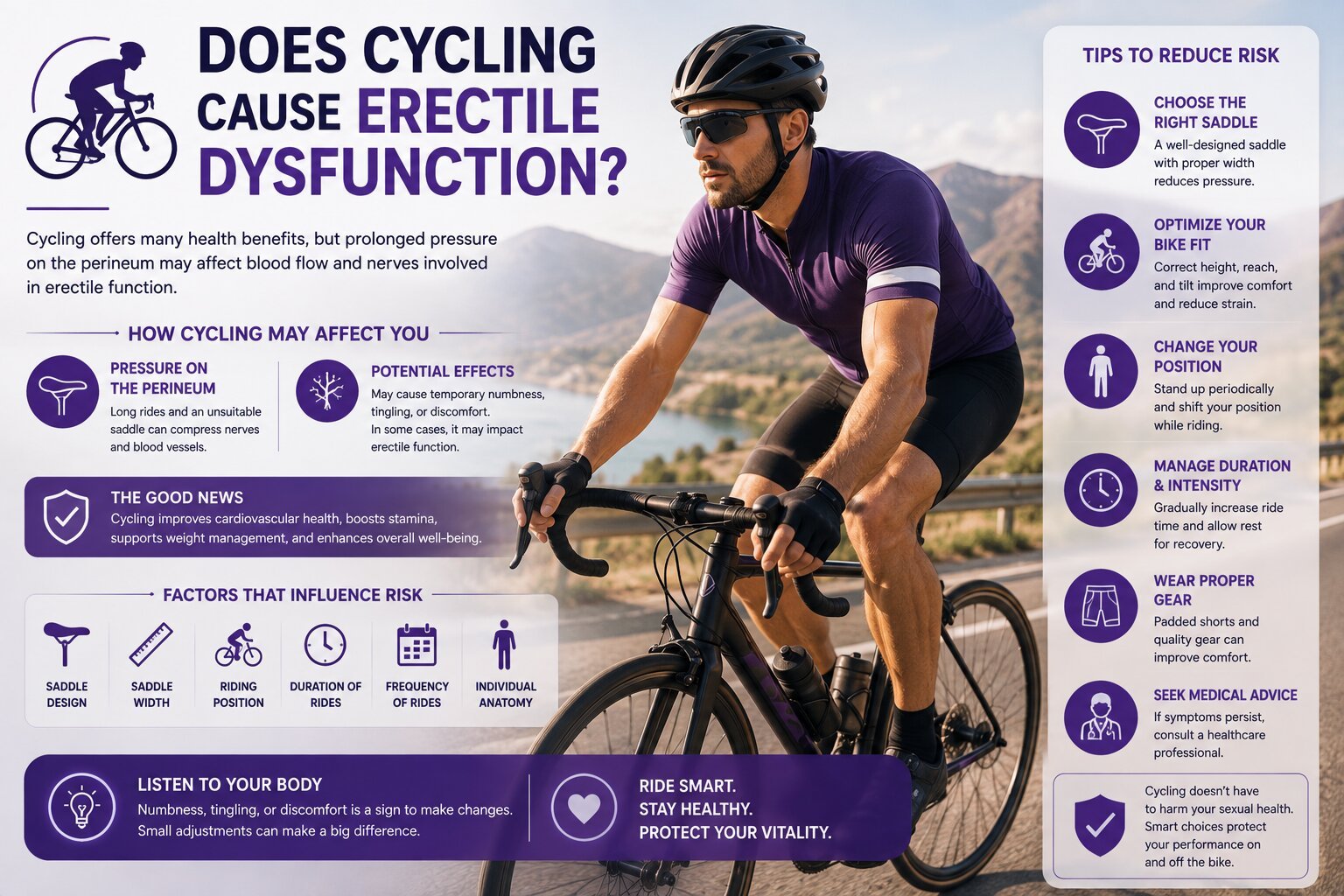 Man cycling on a road bike with a subtle medical aura representing men's health