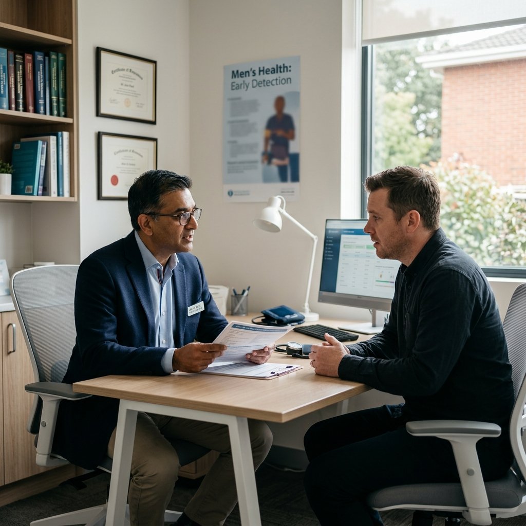 Professional doctor discussing early signs of men's health issues with a patient