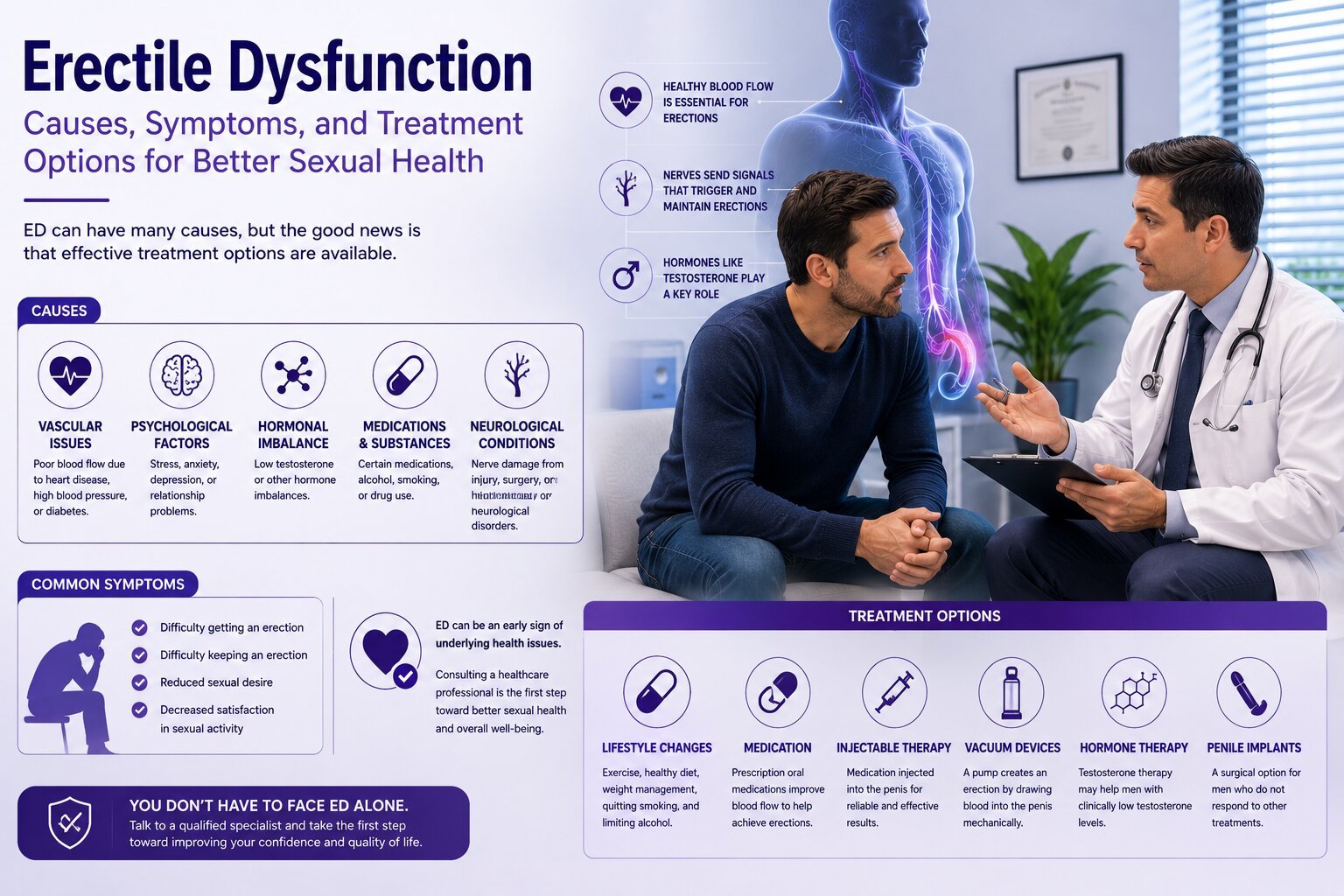 Doctor explaining erectile dysfunction causes and treatments to a male patient