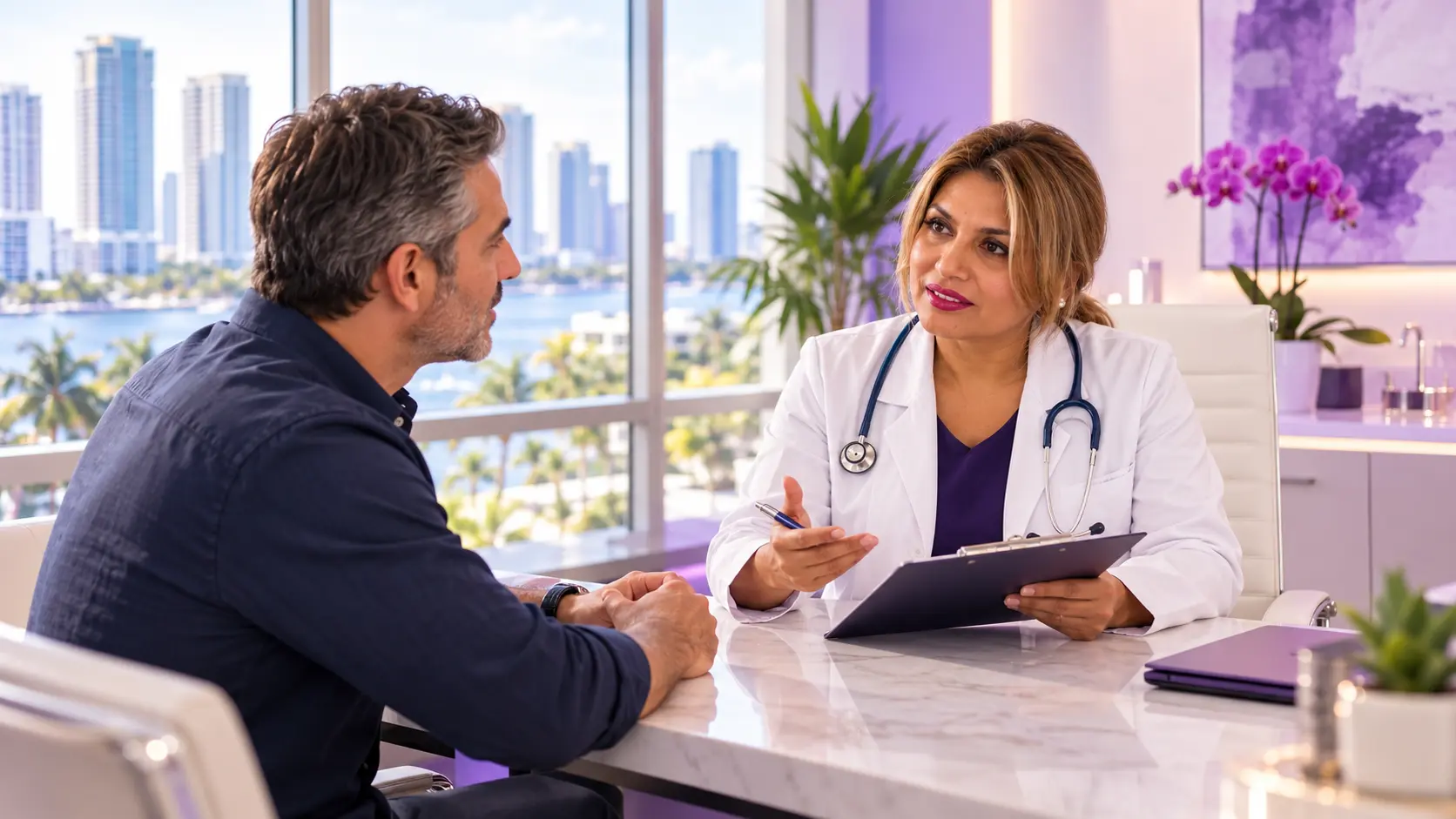Physician discussing erectile dysfunction blood test results with a patient in Miami