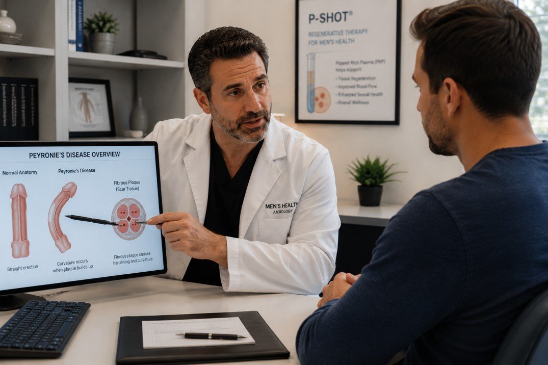 Medical illustration showing a patient consultation regarding P-Shot therapy sessions and treatment timelines