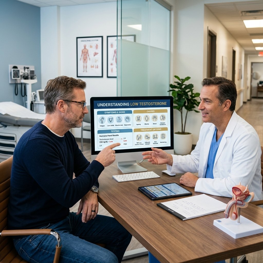 Medical illustration of a man reviewing health data related to low testosterone, signs, causes, and treatment