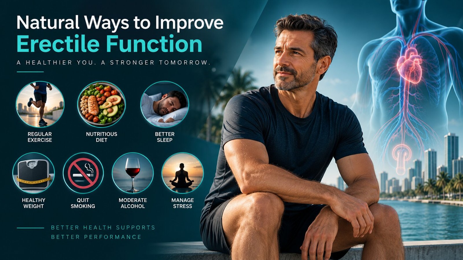Natural ways to improve erectile function with exercise, healthy Mediterranean diet, quality sleep and stress management
