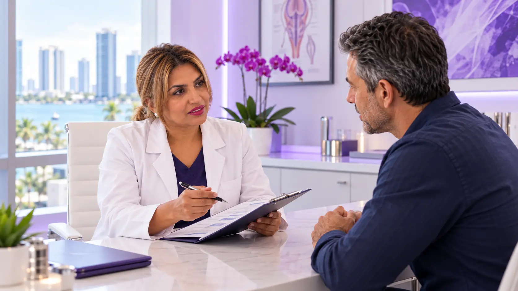 Dr. Nina Gupta discussing P-Shot risks and recovery during a consultation in Miami