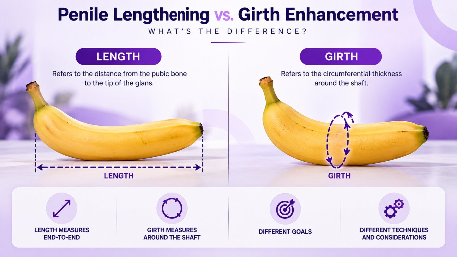 Illustration comparing penile length, measured from base to tip, with girth, measured around the shaft