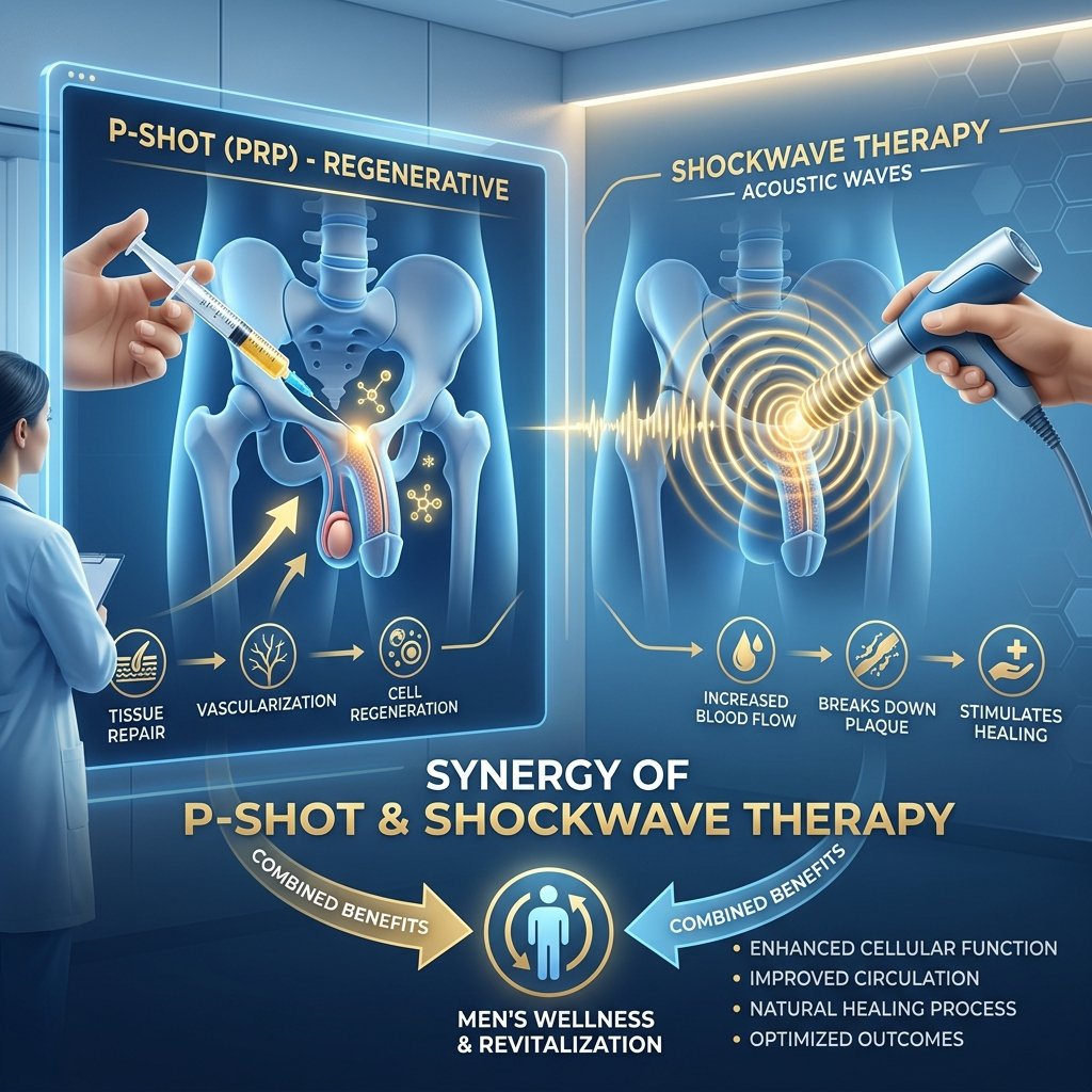 Medical illustration showing the synergy between P-Shot and Shockwave Therapy