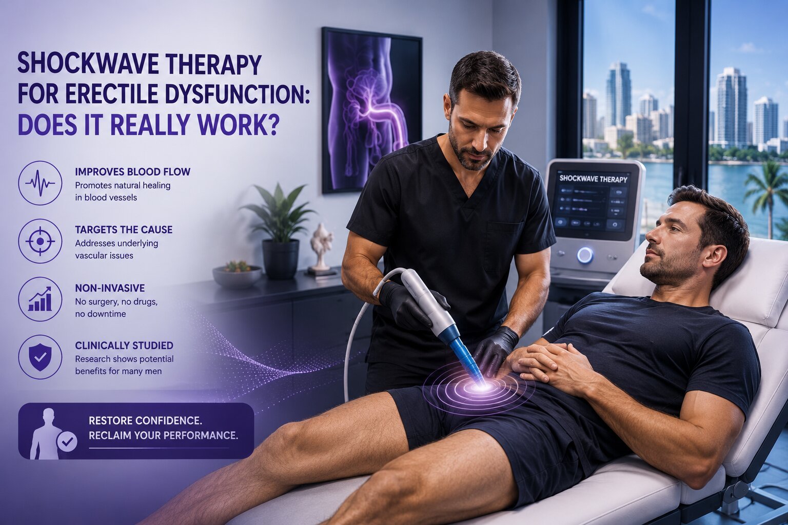 Doctor performing shockwave therapy on men