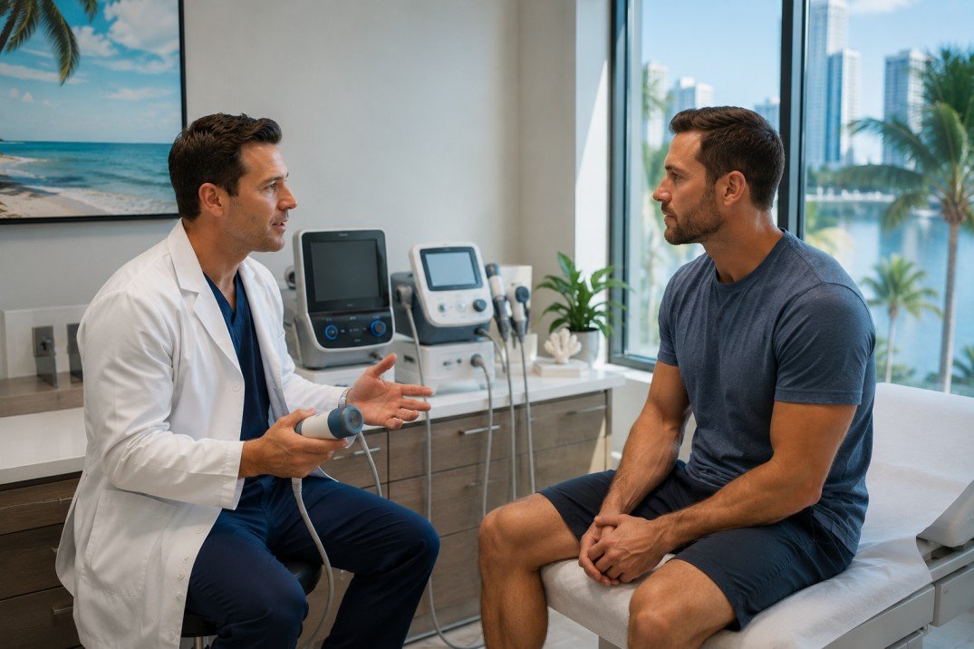 Medical illustration comparing acoustic wave technologies for erectile dysfunction