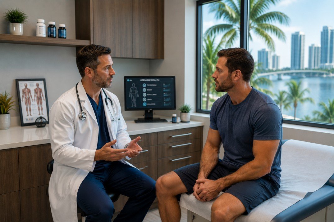 Medical illustration depicting men's vitality, energy, and longevity related to testosterone health