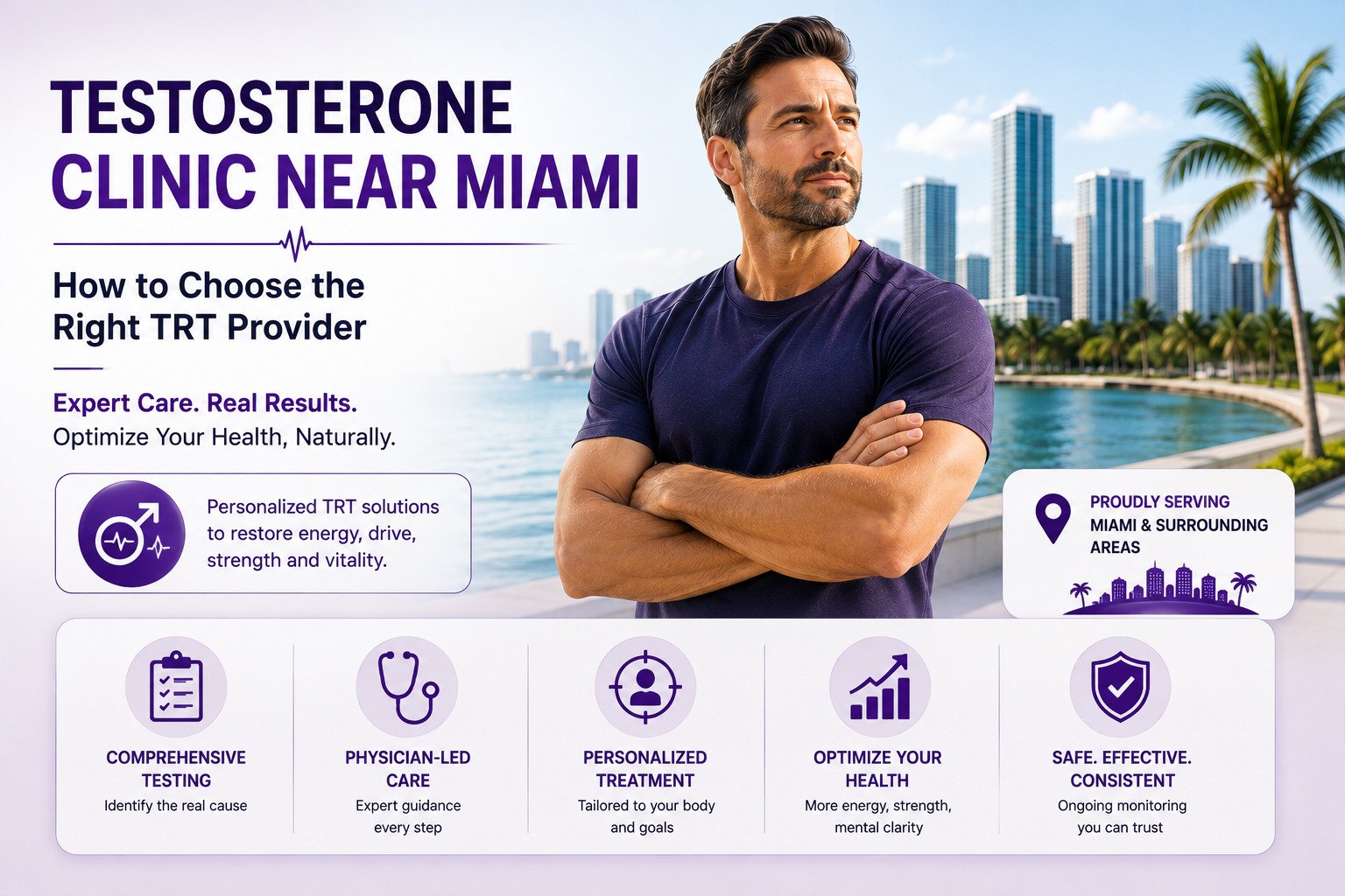 Medical physician consulting with male patient regarding testosterone replacement therapy in Miami